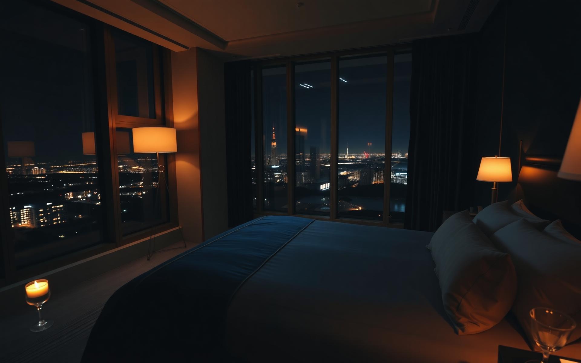 Suite at night with distant city lights