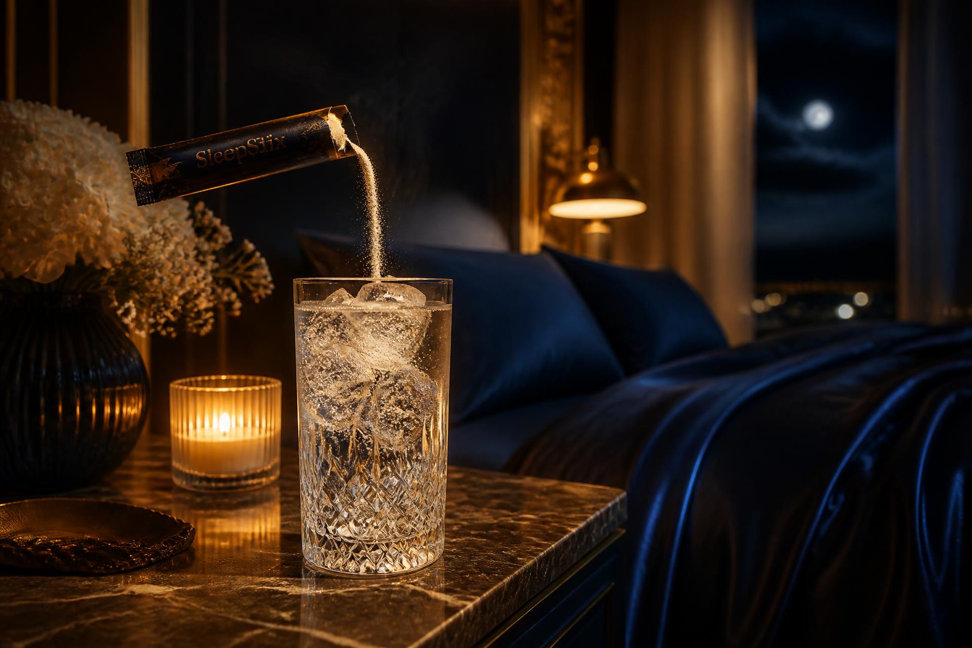 Nighttime sanctuary suite with sparkling mocktail and Date Night Caramel