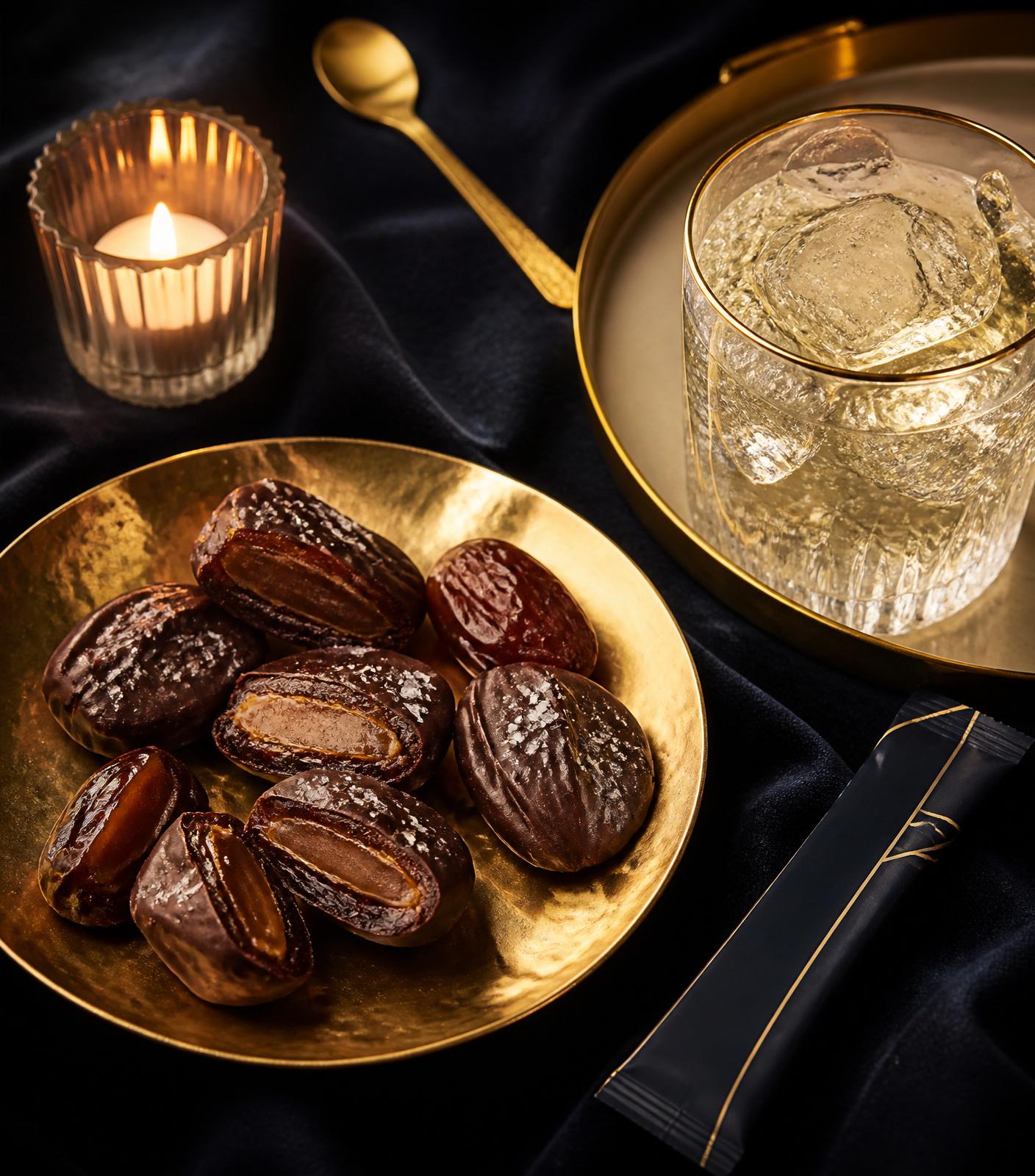 Whole medjool date caramels dipped in dark chocolate beside a SleepStix mocktail