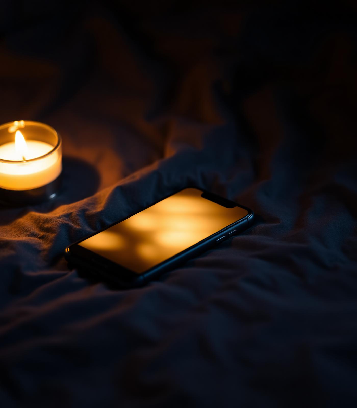 Phone glowing warmly beside a candle on midnight linen