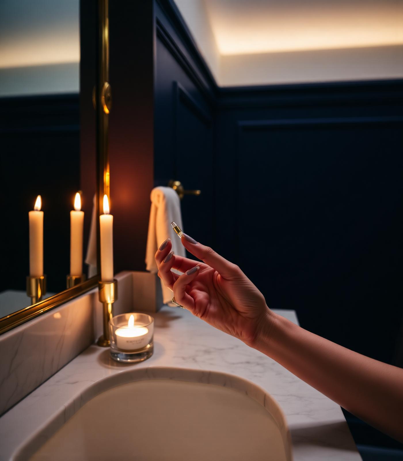 Warm candlelit vanity with a hand applying serum